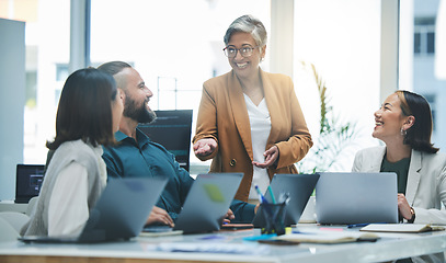 Image showing Happy people, laptop and meeting, marketing team and workflow at digital agency, creative group and research. Man, women and diversity, business and work together, senior leader and brand strategy