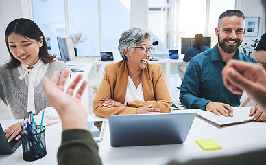 Image showing Planning, funny and business people in a meeting, collaboration or conversation with teamwork, smile or laptop. Technology, men or women with ideas, cooperation or partnership with company growth