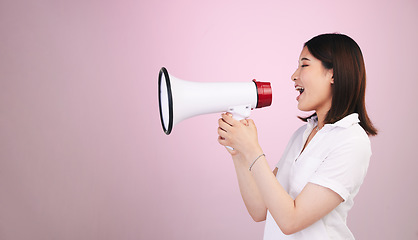 Image showing Megaphone announcement, studio or profile woman with sales discount, promo deal or breaking news audio. Advertising speech, mockup space or female speaker noise, attention or voice on pink background