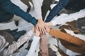 Image showing Hands together, team and support, solidarity and business people with top view, stack and community. Synergy, cooperation and huddle, collaboration and corporate group with trust, meeting and mission