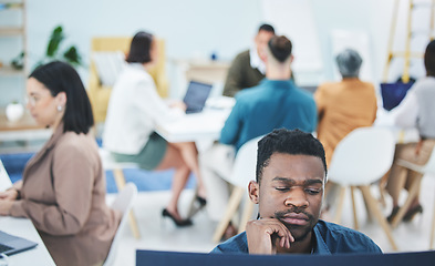 Image showing Man, reading and thinking on computer in office with employees, staff and workplace with business people working. Confused, businessman and report on company productivity or learning tech information