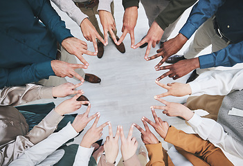 Image showing Hands, star and circle, team and support with solidarity and business people, top and community. Synergy, cooperation and huddle, collaboration and corporate group with trust, meeting and mission