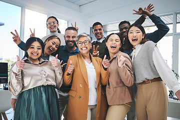 Image showing Business people, group celebration and wow, success and peace sign, thumbs up or friends in team building. Happy, excited and diversity women and men in office teamwork, support or thank you portrait