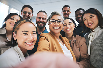 Image showing Work selfie, portrait and happy business people together for bonding, team building or group. Smile, diversity and a mature manager taking a photo with friends for social media, about us or faq