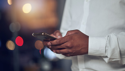 Image showing Hands, social media and phone for communication with a business person closeup for networking or browsing. Mobile, contact and app with an employee scrolling on a smartphone to search the internet