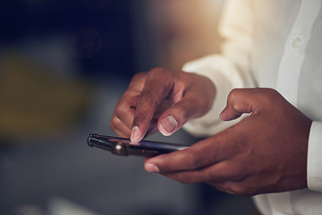 Image showing Hands, app and phone for social media with a business person closeup for networking or browsing. Mobile, contact and communication with an employee scrolling on a smartphone to search the internet