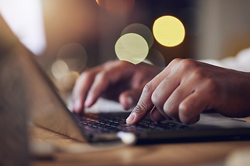 Image showing Laptop keyboard, hands and night person typing, copywriting or working late on social media content writing. Closeup, dark office and writer editing online article, information or creative essay