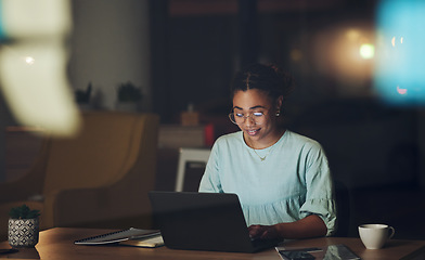 Image showing Business woman, night and planning with laptop, typing or reading for proposal, goal or deadline for report. Entrepreneur, computer and web design for seo, thinking or brainstorming in dark workplace