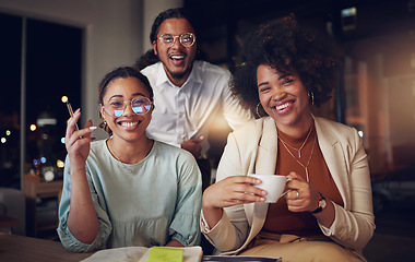 Image showing Coffee, office portrait and business people at night in startup company with work idea and relax. African people and staff with drink and smile with creative work ideas and employee with planning