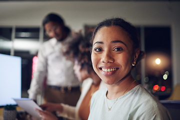 Image showing Portrait, night and woman with a smile, business people and planning with teamwork, brainstorming and overtime. Face, staff and group with employee, evening or cooperation with strategy and ideas