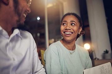 Image showing Night, man and woman with conversation, business and brainstorming with planning, ideas and discussion. people, coworkers and staff working late, deadline and notebook with teamwork and collaboration