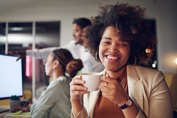 Image showing Coffee, office portrait and business woman smile in coworking company with worker and relax. African female person, tea and staff with latte drink with creative work and happy employee at tech job