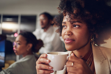 Image showing Coffee, office and business woman thinking in coworking company with night idea and relax. African female person, tea and staff with latte drink and creative work ideas and employee with planning