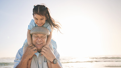 Image showing Portrait, sunset and a girl with her grandpa on the beach for a holiday or vacation during retirement. Mockup, smile or love with a happy senior man and granddaughter by the ocean or sea in summer