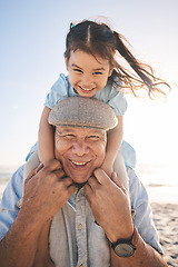 Image showing Beach, old man and kid on back happy for family travel, play outdoor together and bonding with love and fun. Vacation, elderly person smile and portrait of girl child on holiday on piggyback by ocean