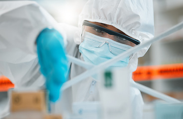 Image showing Laboratory, product inspection or person check safety security of hospital clinic, contamination or medicine. Shelf investigation, PPE hazmat suit or healthcare worker analysis of medical danger risk