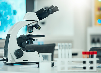 Image showing Microscope, science and laboratory with DNA and blood test, pathology and investigation with medical research. Knowledge, health study and pharmaceutical with biology, biotechnology and equipment