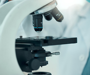 Image showing Microscope, science and laboratory with closeup and analysis, pathology and investigation with medical research. Knowledge, health study and pharmaceutical with biology, biotechnology and equipment