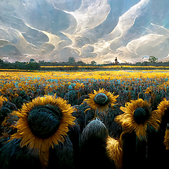 Image showing Field of blooming sunflowers on a background sunset.