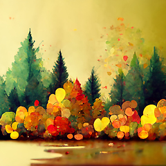 Image showing Autumn forest landscape. Colorful watercolor painting of fall se