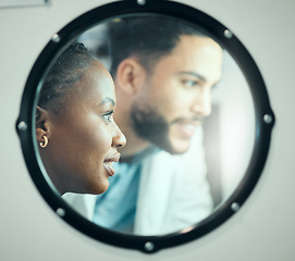 Image showing Incubator, research and people in a lab for healthcare innovation, working and teamwork. Happy, collaboration and diversity with scientists in a glass for partnership in pharmaceutical science