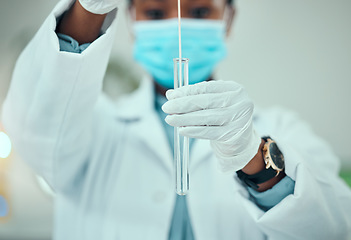 Image showing Science, pcr and cotton with hands of doctor for vaccine research, medical and dna test. Pharmacy, medicine and healthcare with closeup of person and swab for virus, pathology exam and diagnosis