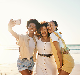 Image showing Happy, selfie and women with friends at beach for support, social media and diversity. Smile, relax and profile picture with group of people in nature for community, peace and summer vacation