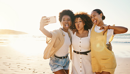 Image showing Funny, selfie and women with friends at beach for support, social media and diversity. Smile, relax and profile picture with group of people in nature for community, peace and summer vacation