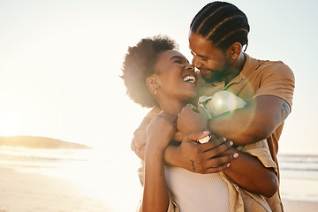 Image showing Beach sunset, sunshine or black couple hug, laugh and enjoy fun time together, funny joke or relationship humour in DRC. Comedy, flare or hugging African people connect, care and bond on holiday date