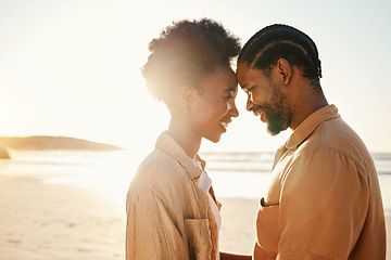 Image showing Beach sunset, forehead and happy black couple bonding, connect and enjoy relax summer vacation together. Love, flare and African people support, care and affection on holiday, outdoor date or travel