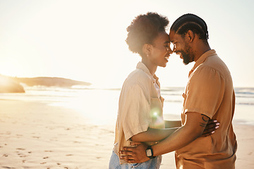 Image showing Beach sunset, forehead and laughing black couple bonding, connect and enjoy relax summer, funny joke or honeymoon together. Romantic love, flare and African people on holiday, intimate date or travel