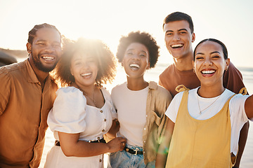 Image showing Selfie, beach and friends with vacation, smile and post with adventure, tropical island and travel. Portrait, people and group with profile picture, seaside holiday and lens flare with social media