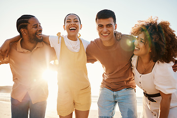 Image showing Beach sunset, happy and group of friends hug, smile and enjoy travel vacation, summer freedom or tropical adventure. Solidarity, portrait and young people excited, bond and laugh on student getaway