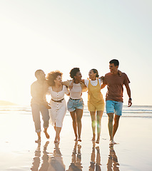 Image showing Summer, space and travel with friends at beach for freedom, support and sunset. Wellness, energy and happy with group of people walking by the sea for peace, adventure and Hawaii vacation mockup