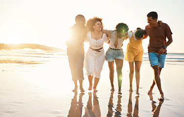 Image showing Summer, sunset and travel with friends at beach for freedom, support and diversity. Wellness, energy and happy with group of people walking by the sea for fun, adventure and vacation mockup