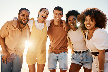 Image showing Beach sunset, portrait and happy friends hug, laughing and enjoy travel vacation, summer freedom or funny joke. Nature reunion, group solidarity and diversity people smile, embrace and happy on trip