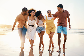 Image showing Summer, happy and travel with friends at beach for freedom, support and sunset. Wellness, energy and relax with group of people walking by the sea for peace, adventure and Hawaii vacation together