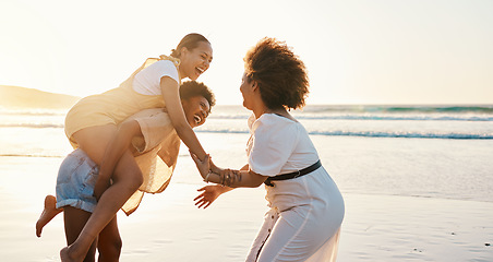 Image showing Beach sunset, happy women and friends piggyback, smile and enjoy travel vacation, adventure and summer fun. Excited girl, freedom and gen z students for holiday, bonding or spring break in Miami, USA