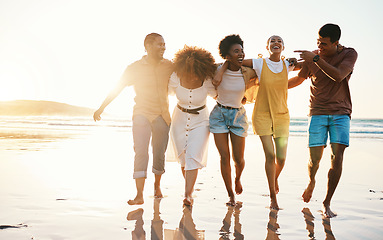 Image showing Summer, vacation and travel with friends at beach for freedom, support and sunset. Wellness, energy and happy with group of people walking by the sea for peace, adventure and Hawaii holiday mockup