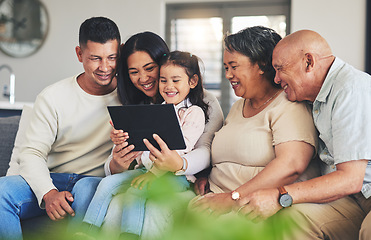 Image showing Tablet, family and children on a sofa in the living room together during a visit with grandparents in retirement. Parents, senior people and kids using technology while browsing social media or games