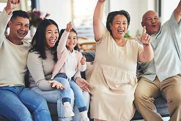 Image showing Happy family, child or grandparents in celebration for sports in home living room watching tv together. Grandfather, score or excited mother cheering with dad, kid fan or grandmother for goal success