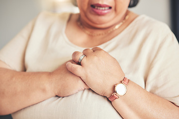 Image showing Heart attack, healthcare and closeup of a senior woman with chest pain, injury or accident. Medical emergency, breathe and zoom of elderly female hands with lung sickness or infection at her home.