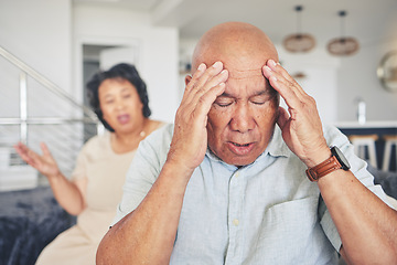 Image showing Headache, man or frustrated old couple fight with stress for marriage problem, breakup or bad communication. Anxiety, home or angry senior people in conflict or betrayal of cheating drama or divorce