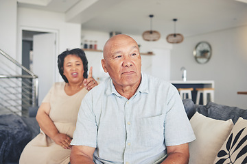 Image showing Thinking, man or frustrated old couple fight with stress for marriage problem, breakup or bad communication. Shouting, home or angry senior people in conflict or betrayal of cheating drama or divorce