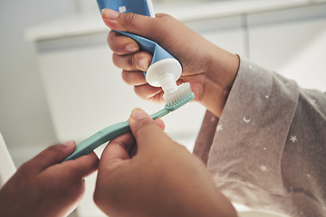 Image showing Hands, brushing teeth and a parent teaching a child about dental care with a family in a bathroom together closeup. Toothbrush, toothpaste and dentist product with people in a home for oral hygiene