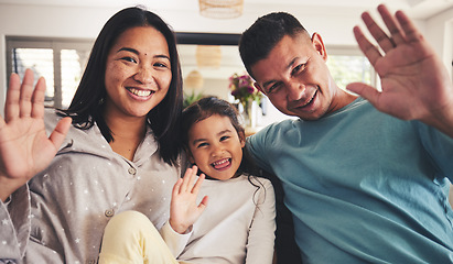 Image showing Parents, girl and wave in video call, portrait and smile for hello, contact and relax in family home. Asian father, mother and daughter with hand, sign language and greeting for respect in Jakarta