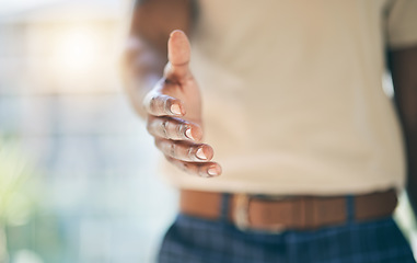 Image showing Closeup hand, business and man with handshake, partnership and contract with agreement, b2b meeting and welcome. Greeting, person or employee shaking hands for cooperation, onboarding or startup deal