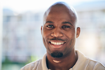 Image showing Smile, happy and portrait of a businessman in the office with confidence and positive attitude. Young, career and face headshot of professional African male designer standing in a modern workplace.