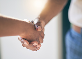 Image showing Handshake, agreement and hands of people meeting introduction for partnership together as a team with trust. Greeting, accept and thank you or welcome gesture for deal, collaboration and support