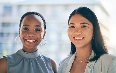 Image showing Diversity, smile and portrait of women employees happy together for teamwork in an office or corporate company. Smile, confident and proud business people or friends in partnership at workplace